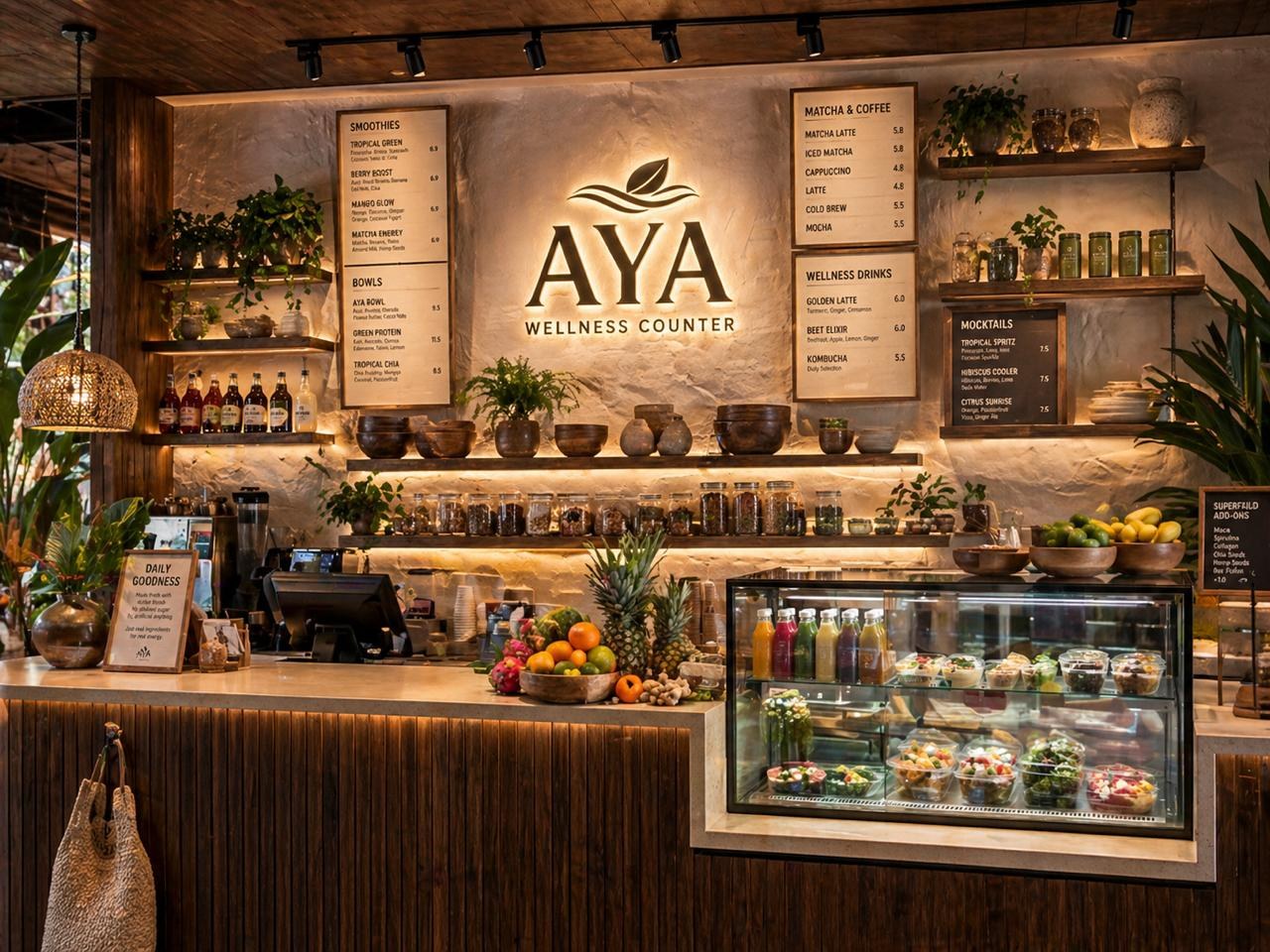 Balcão da AYA Kitchen com plantas, frutas, bebidas naturais e ambiente acolhedor